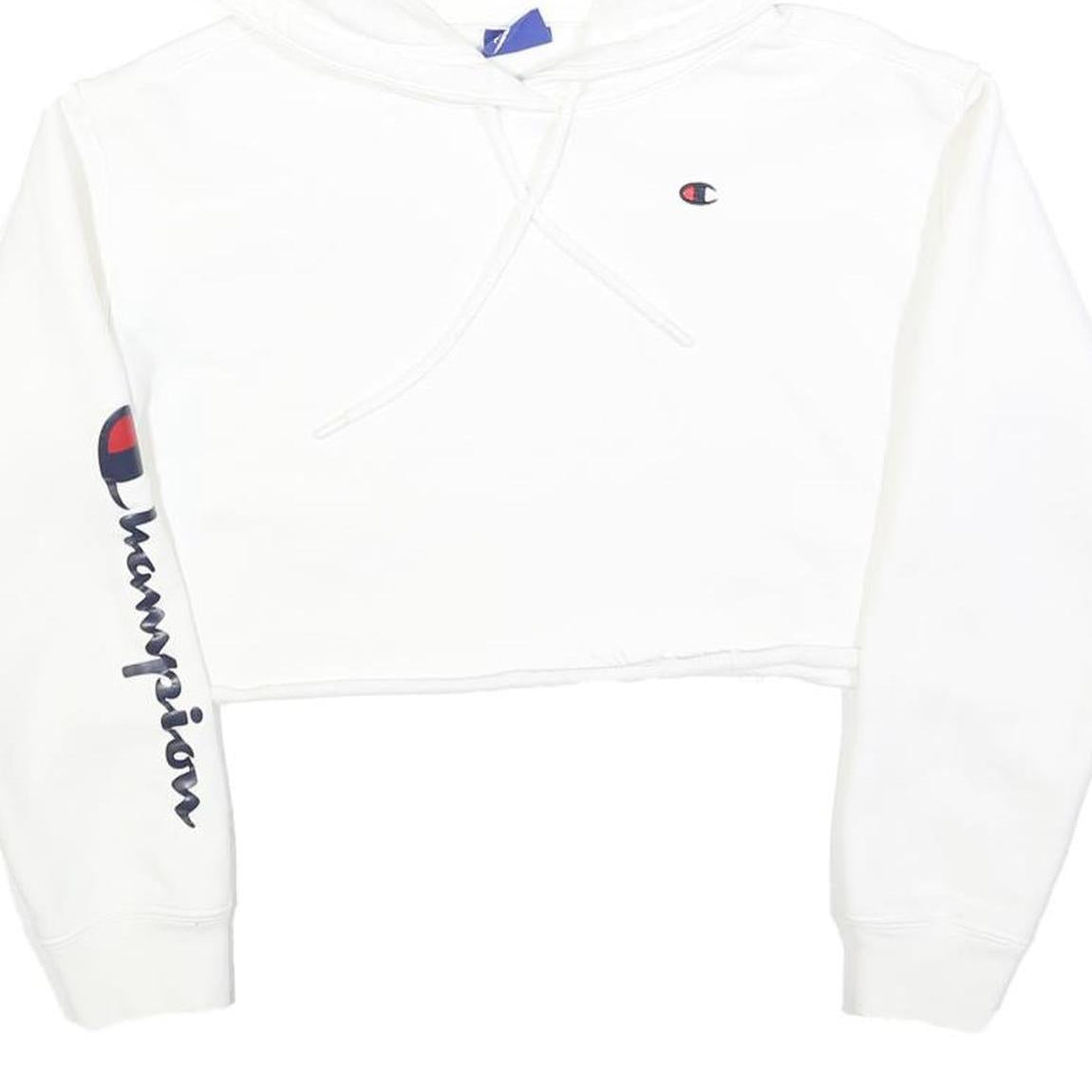 CHAMPION Womens White Crop Hoodie XS Champion Logo Sleeve Casual