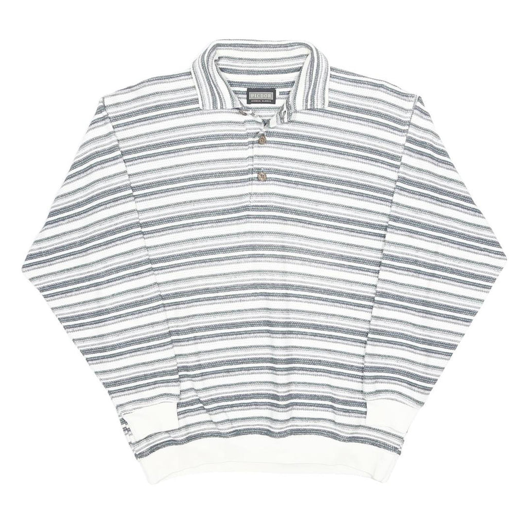 PICDOR Mens White & Grey Striped Long Sleeve Polo Shirt M Cotton Blend Casual