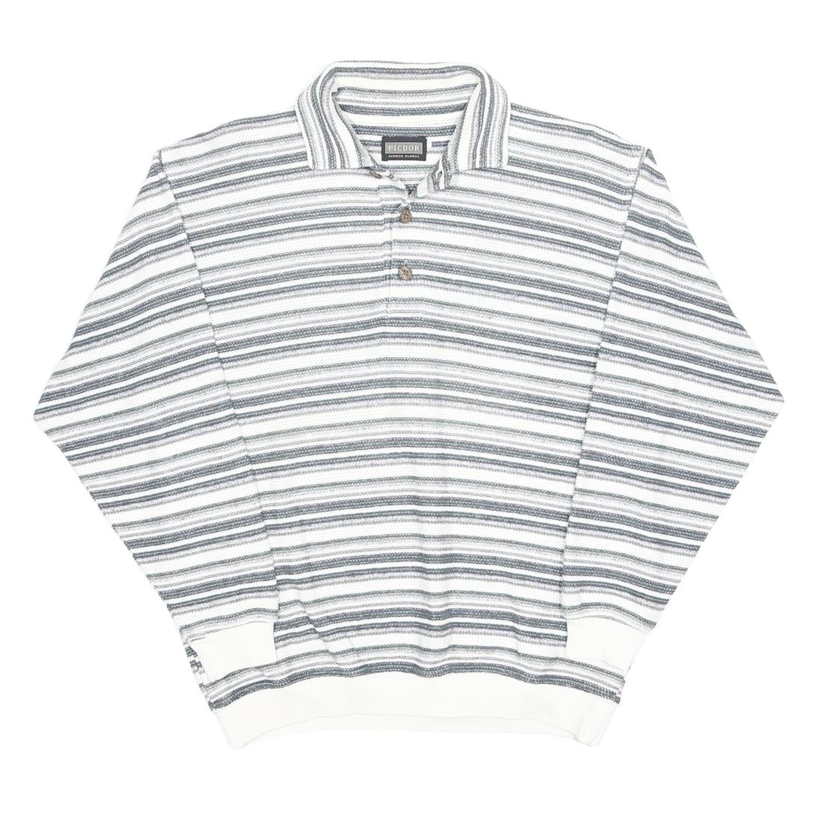PICDOR Mens White & Grey Striped Long Sleeve Polo Shirt M Cotton Blend Casual