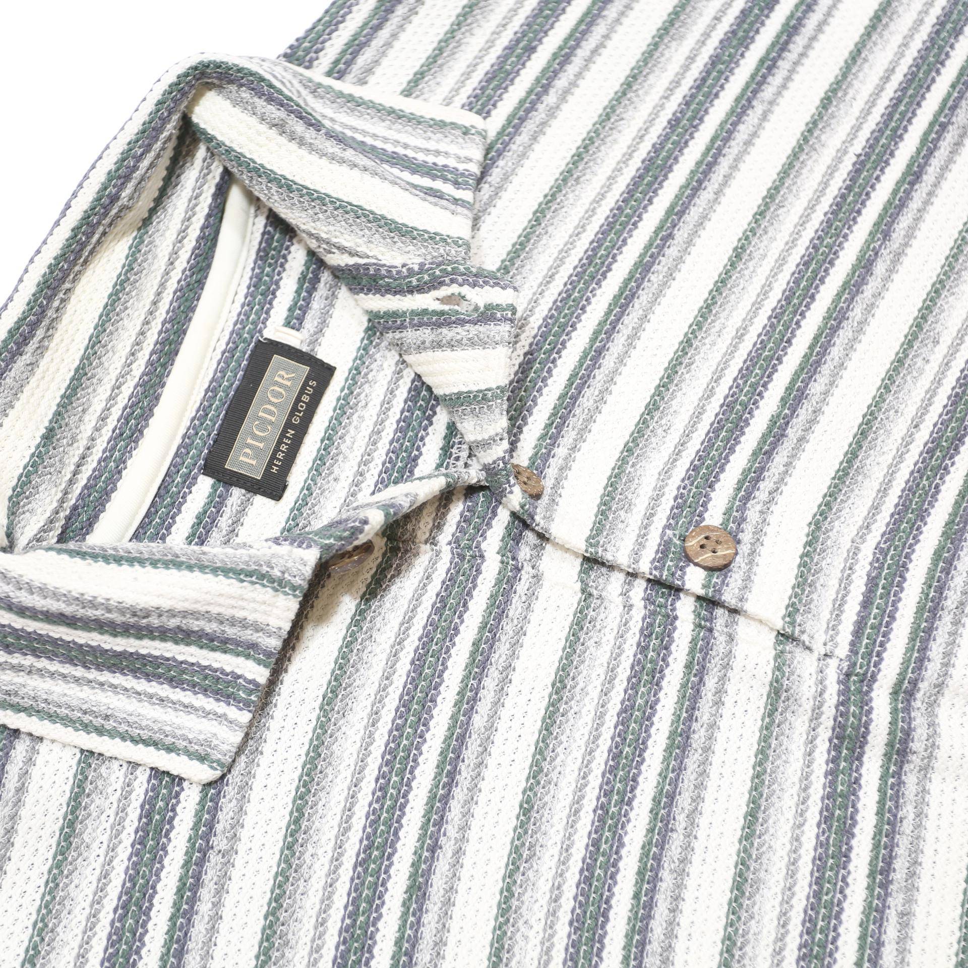 PICDOR Mens White & Grey Striped Long Sleeve Polo Shirt M Cotton Blend Casual