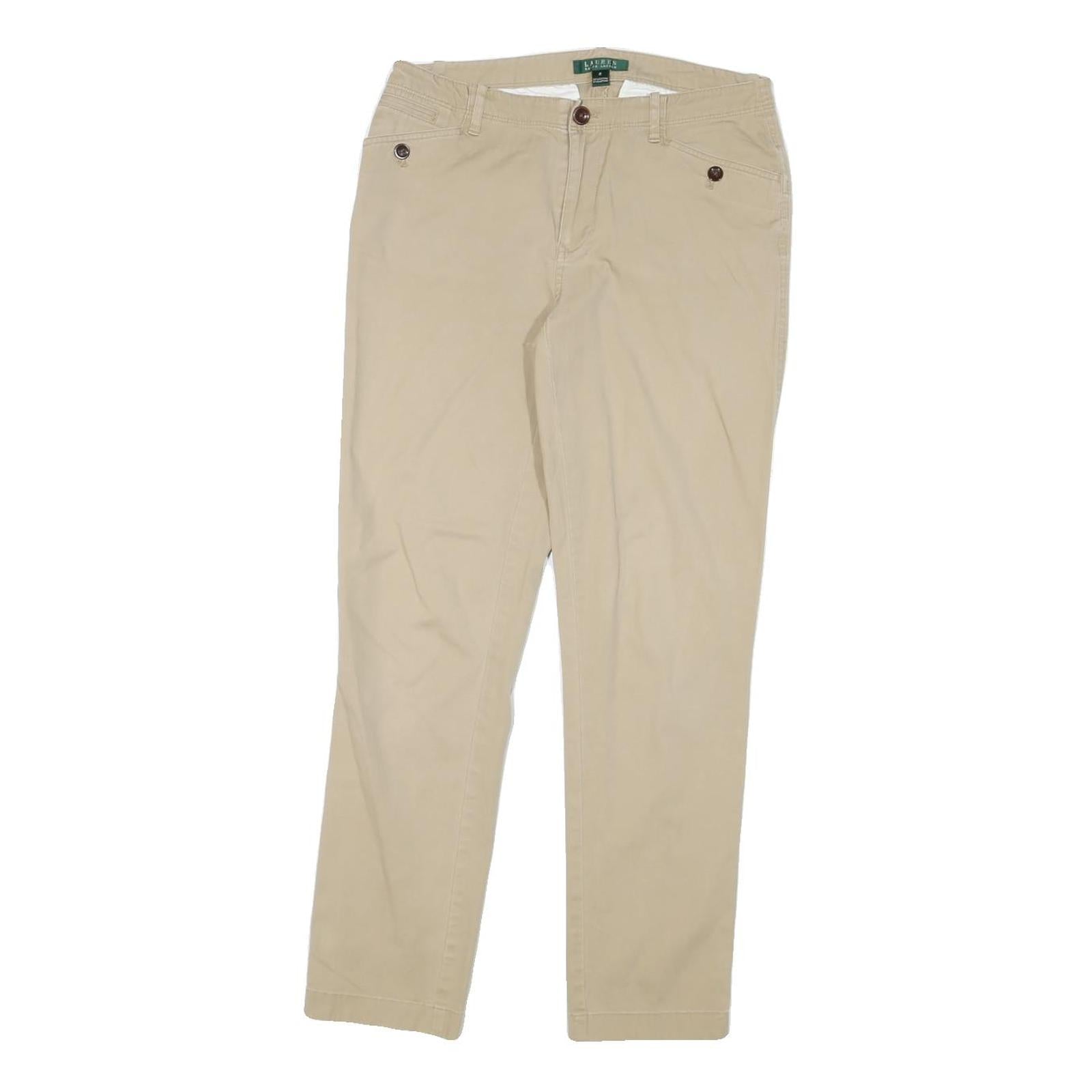 LAUREN RALPH LAUREN Womens Slim Beige Cotton Blend Trousers W28 L28 Zip Casual