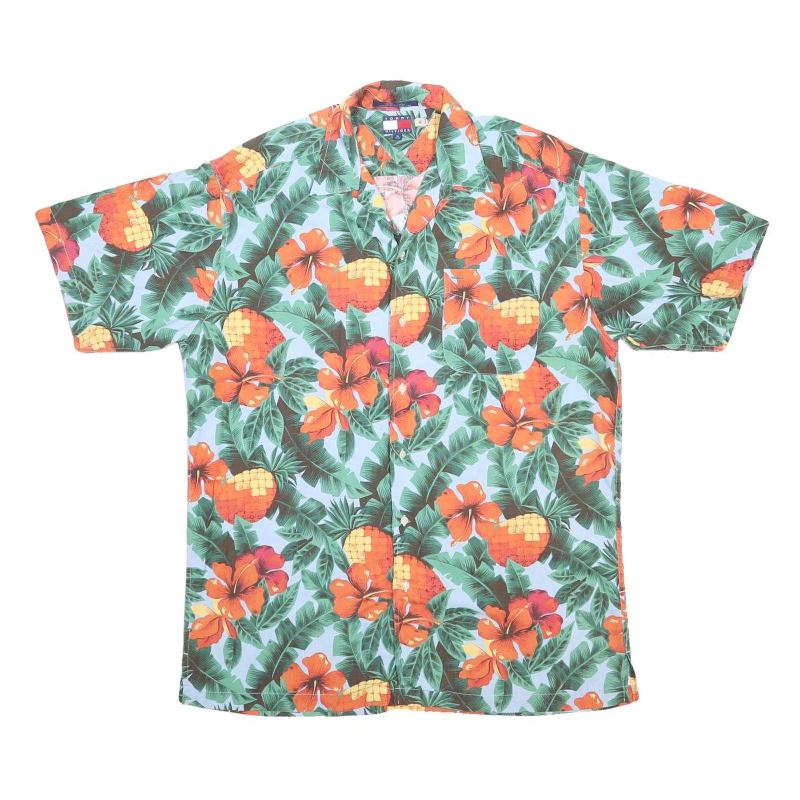 TOMMY HILFIGER Mens Blue Green & Orange Hawaiian Shirt M Rayon Summer Tropical