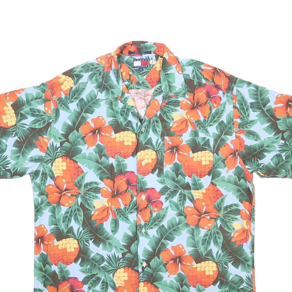 TOMMY HILFIGER Mens Blue Green & Orange Hawaiian Shirt M Rayon Summer Tropical