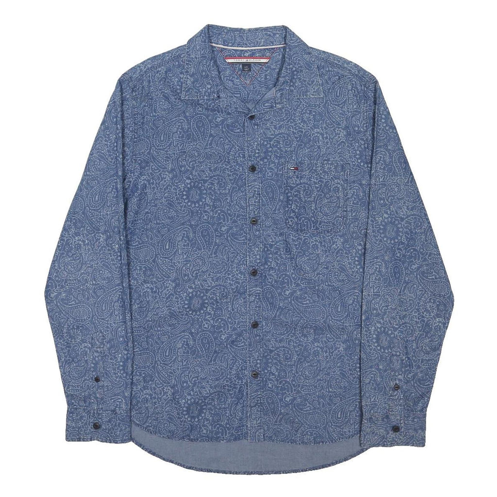 TOMMY HILFIGER Mens Blue Paisley Cotton Blend Shirt L Long Sleeve Button Collar