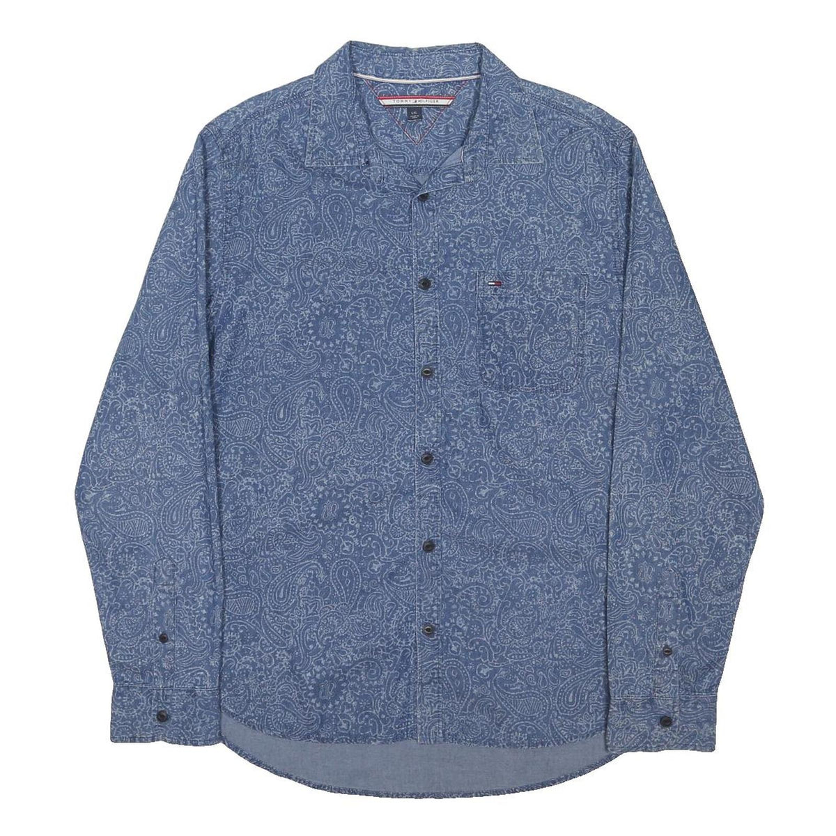 TOMMY HILFIGER Mens Blue Paisley Cotton Blend Shirt L Long Sleeve Button Collar