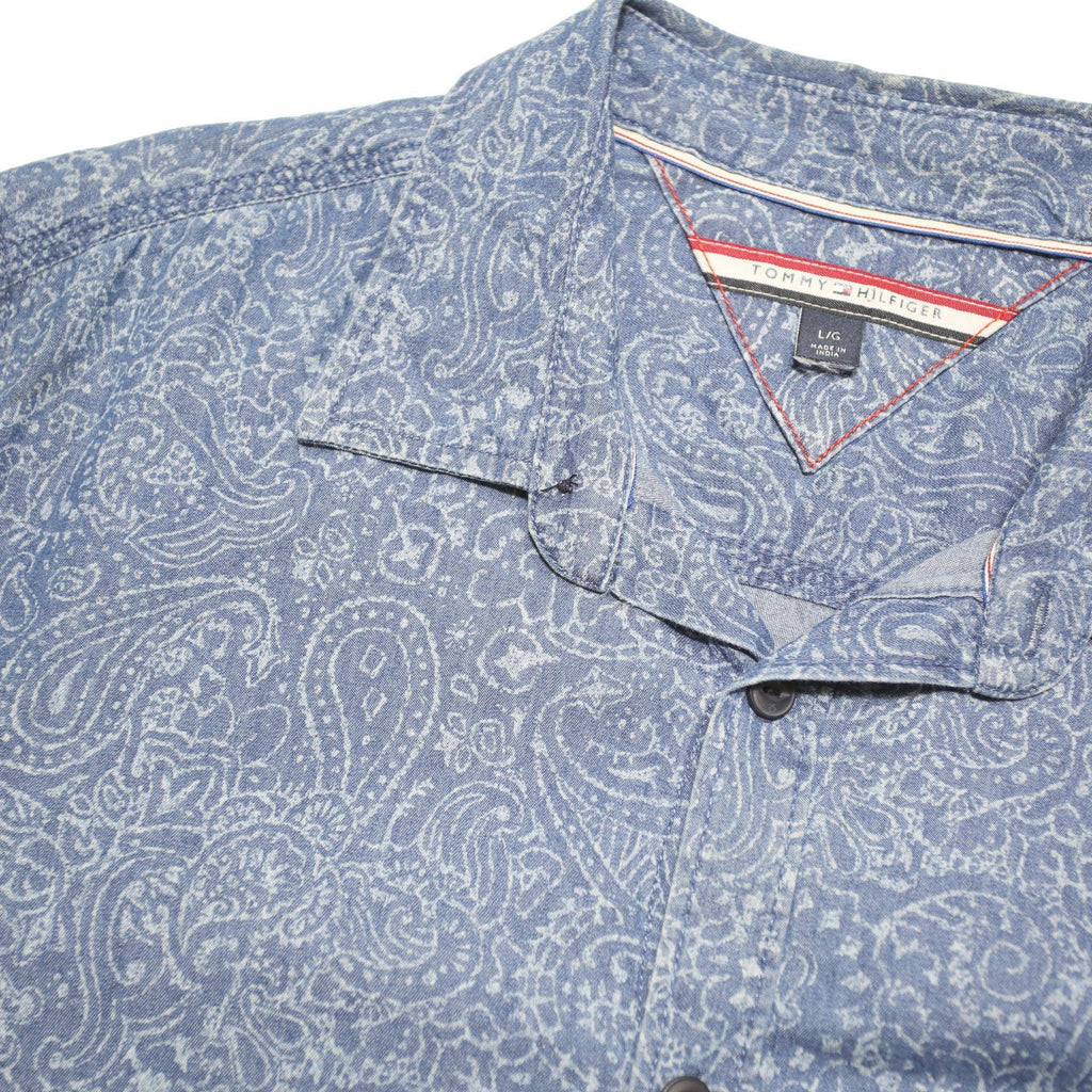 TOMMY HILFIGER Mens Blue Paisley Cotton Blend Shirt L Long Sleeve Button Collar