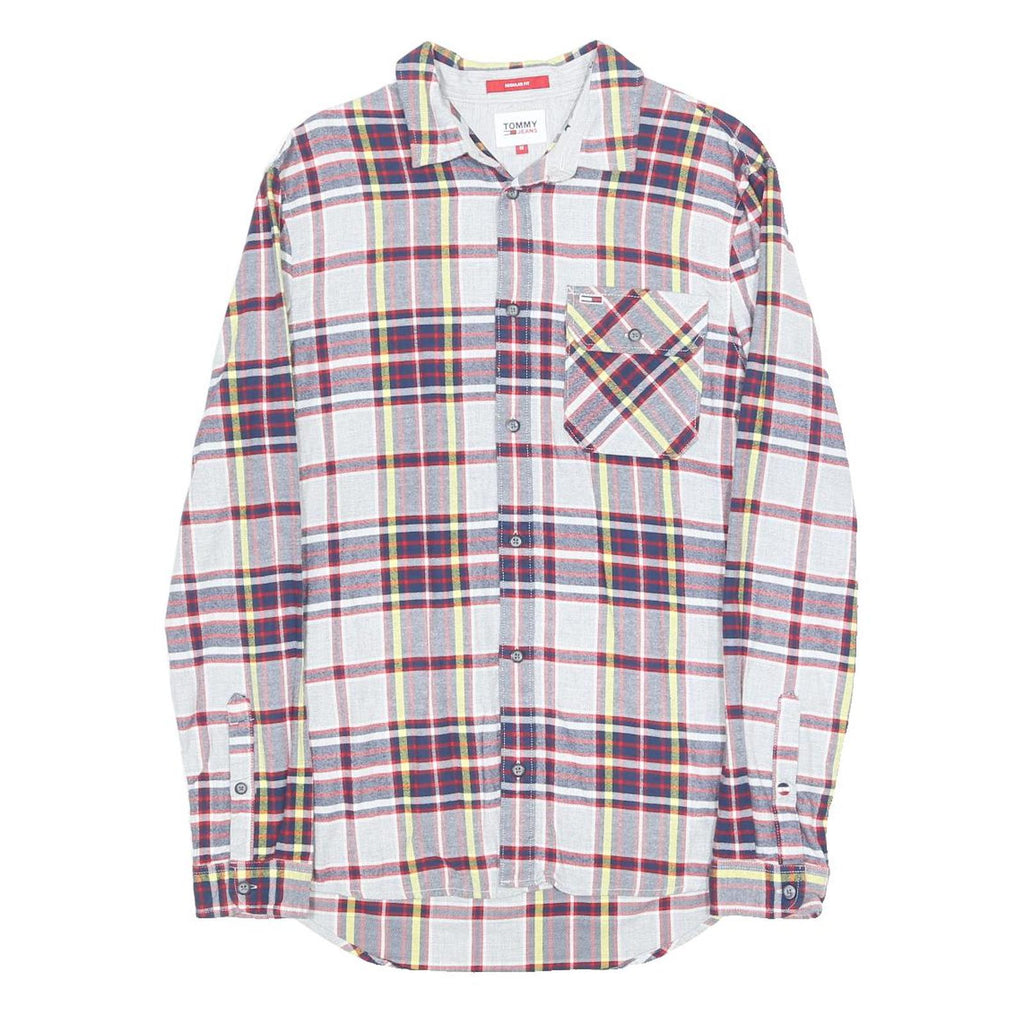 TOMMY HILFIGER Mens White & Blue Check Shirt M Casual Cotton Blend Long Sleeve
