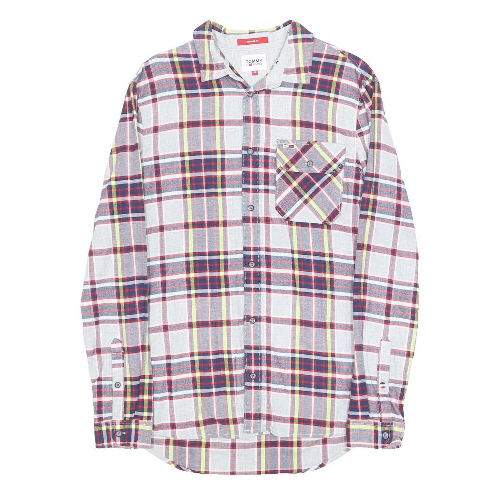 TOMMY HILFIGER Mens White & Blue Check Shirt M Casual Cotton Blend Long Sleeve