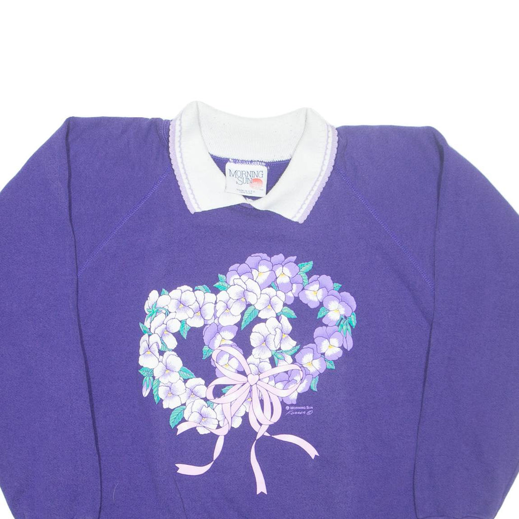 MORNING SUN Floral Womens Sweatshirt Purple Collared S
