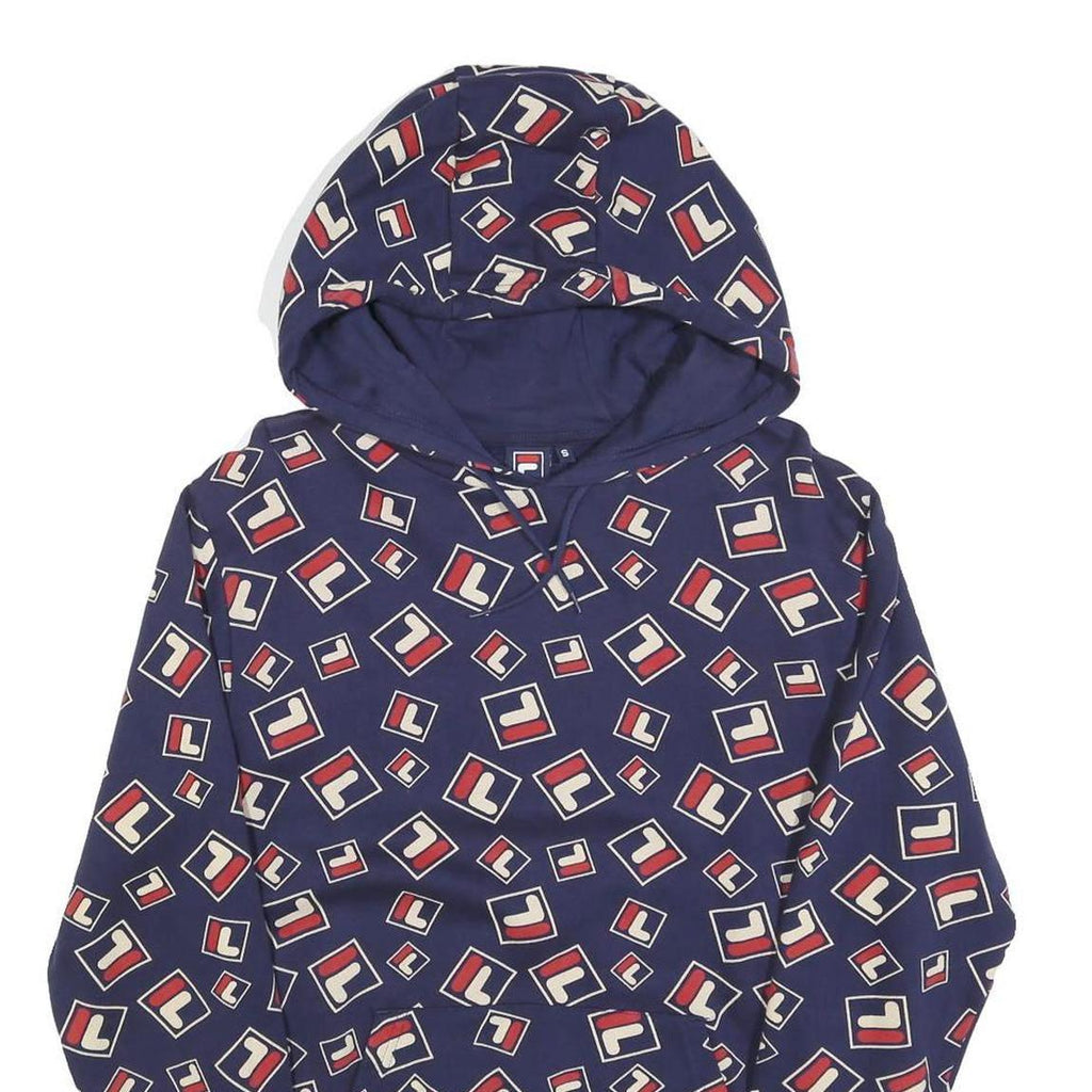 FILA Mens Navy & Red Logo Print Pullover Hoodie S All Over Graphic Casual Cotton