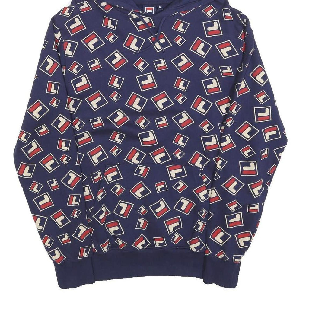 FILA Mens Navy & Red Logo Print Pullover Hoodie S All Over Graphic Casual Cotton