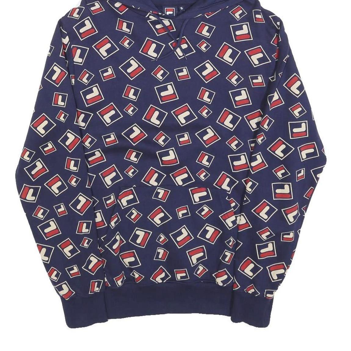FILA Mens Navy & Red Logo Print Pullover Hoodie S All Over Graphic Casual Cotton