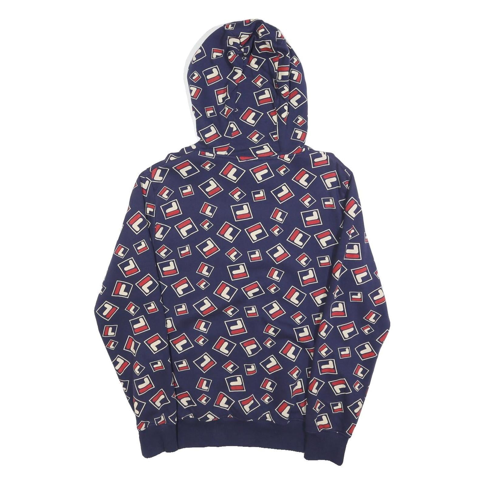 FILA Mens Navy & Red Logo Print Pullover Hoodie S All Over Graphic Casual Cotton