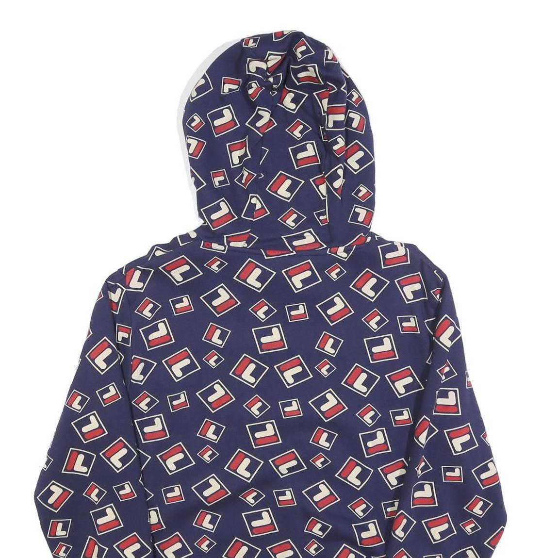 FILA Mens Navy & Red Logo Print Pullover Hoodie S All Over Graphic Casual Cotton