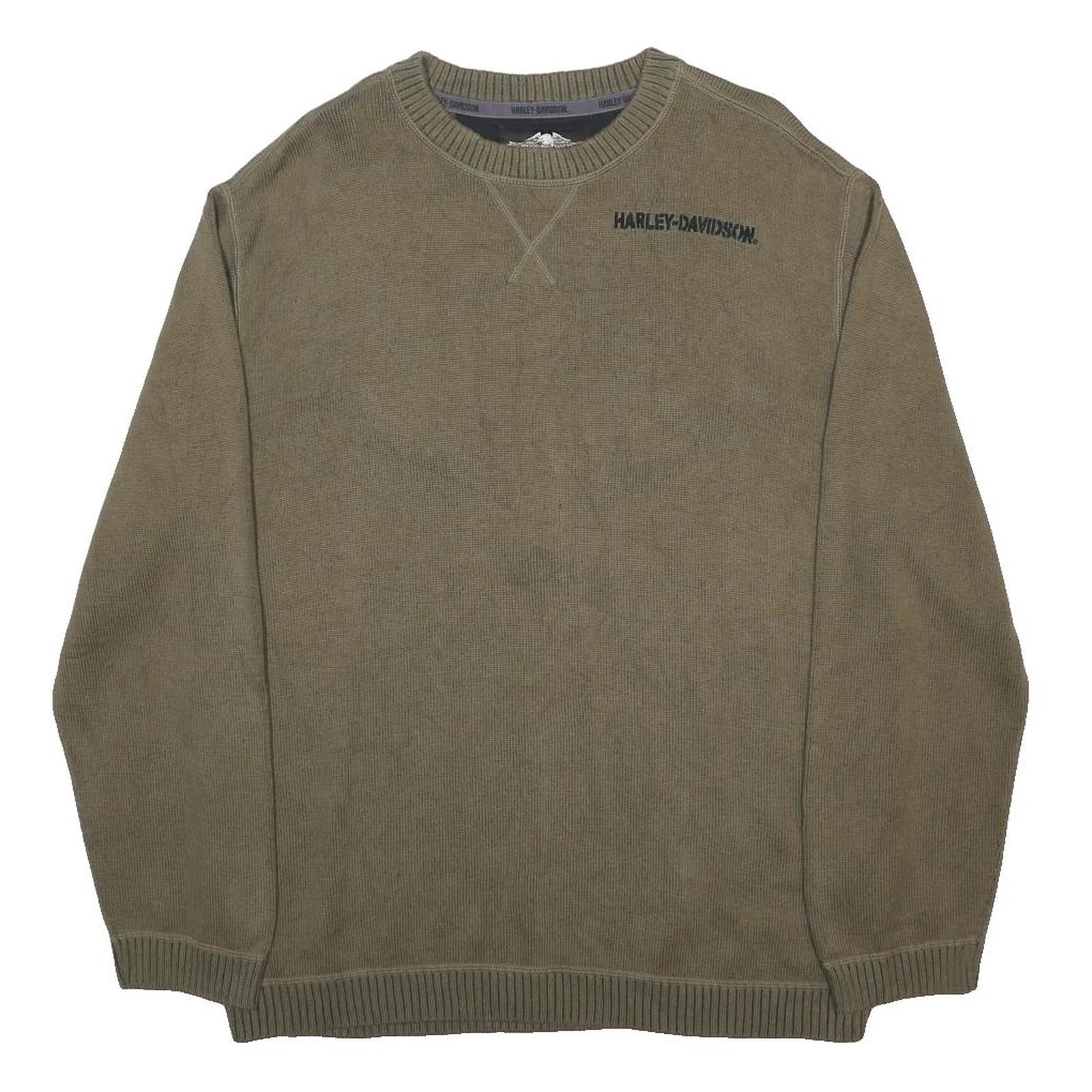 HARLEY DAVIDSON Mens Khaki Plain Knit Crew Neck Jumper L Motorcycle Logo