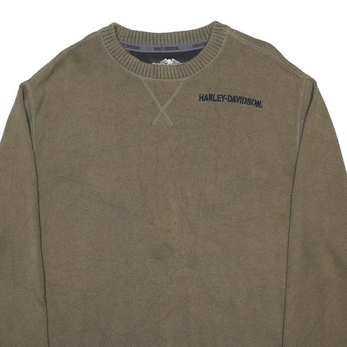 HARLEY DAVIDSON Mens Khaki Plain Knit Crew Neck Jumper L Motorcycle Logo