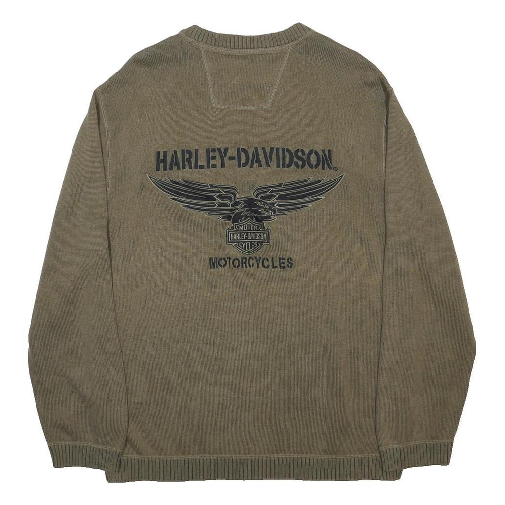 HARLEY DAVIDSON Mens Khaki Plain Knit Crew Neck Jumper L Motorcycle Logo
