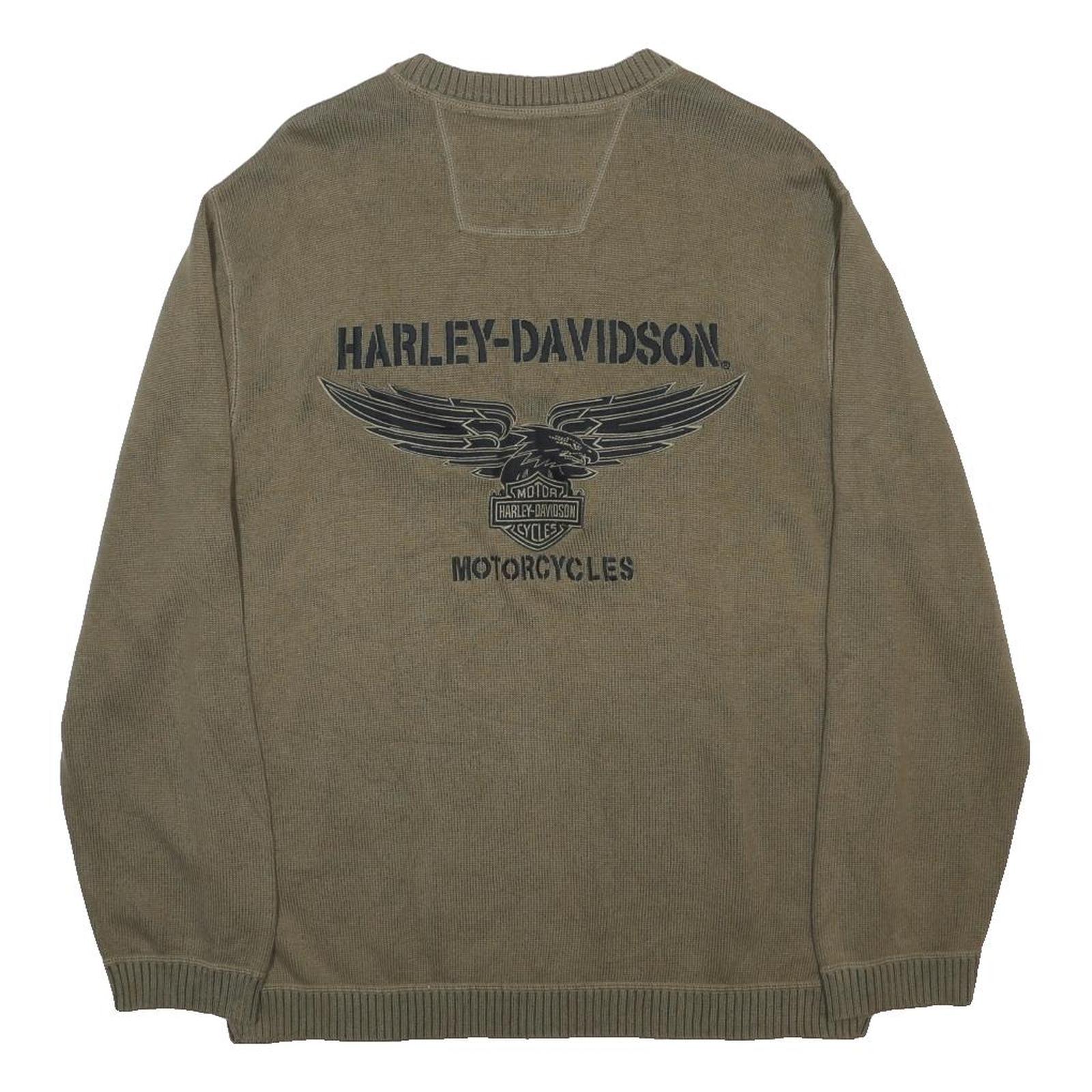 HARLEY DAVIDSON Mens Khaki Plain Knit Crew Neck Jumper L Motorcycle Logo