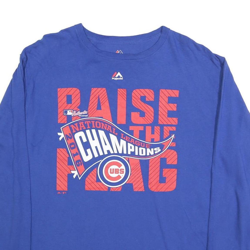 MAJESTIC Mens Blue Cubs Raise The Flag Long Sleeve Crew Neck T-Shirt XL Cotton