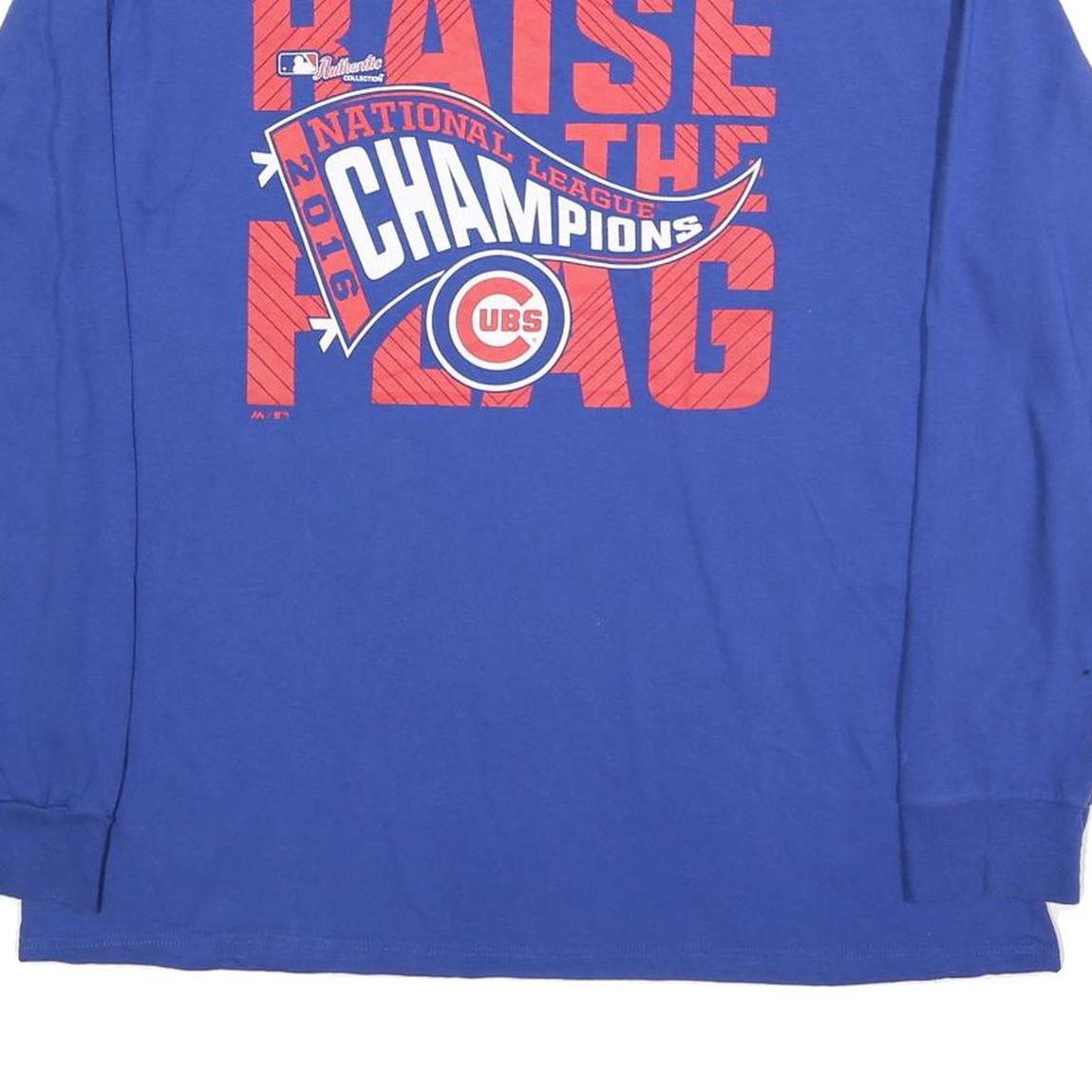 MAJESTIC Mens Blue Cubs Raise The Flag Long Sleeve Crew Neck T-Shirt XL Cotton