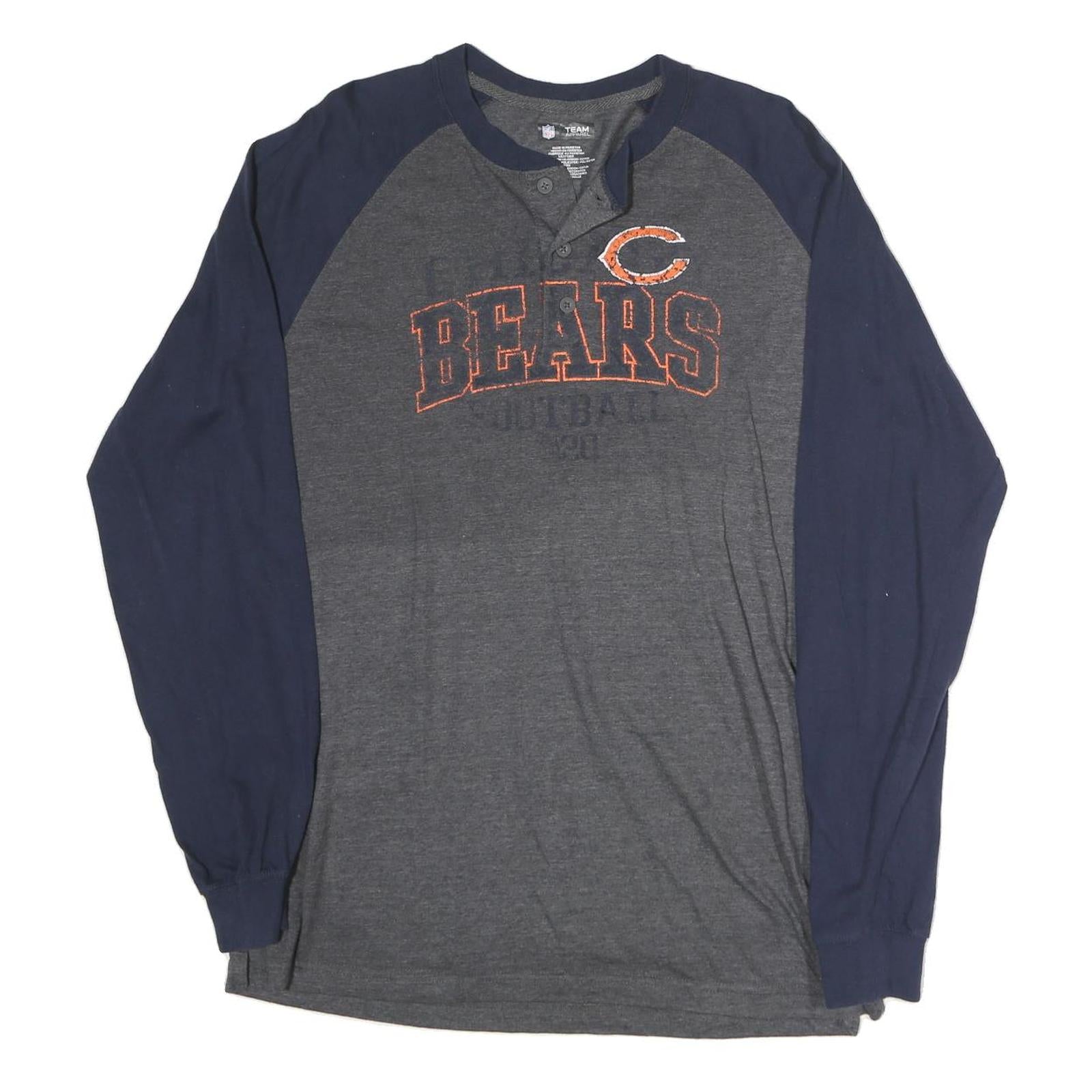 NFL Mens Grey & Blue Chicago Bears Long Sleeve Henley Shirt L Cotton