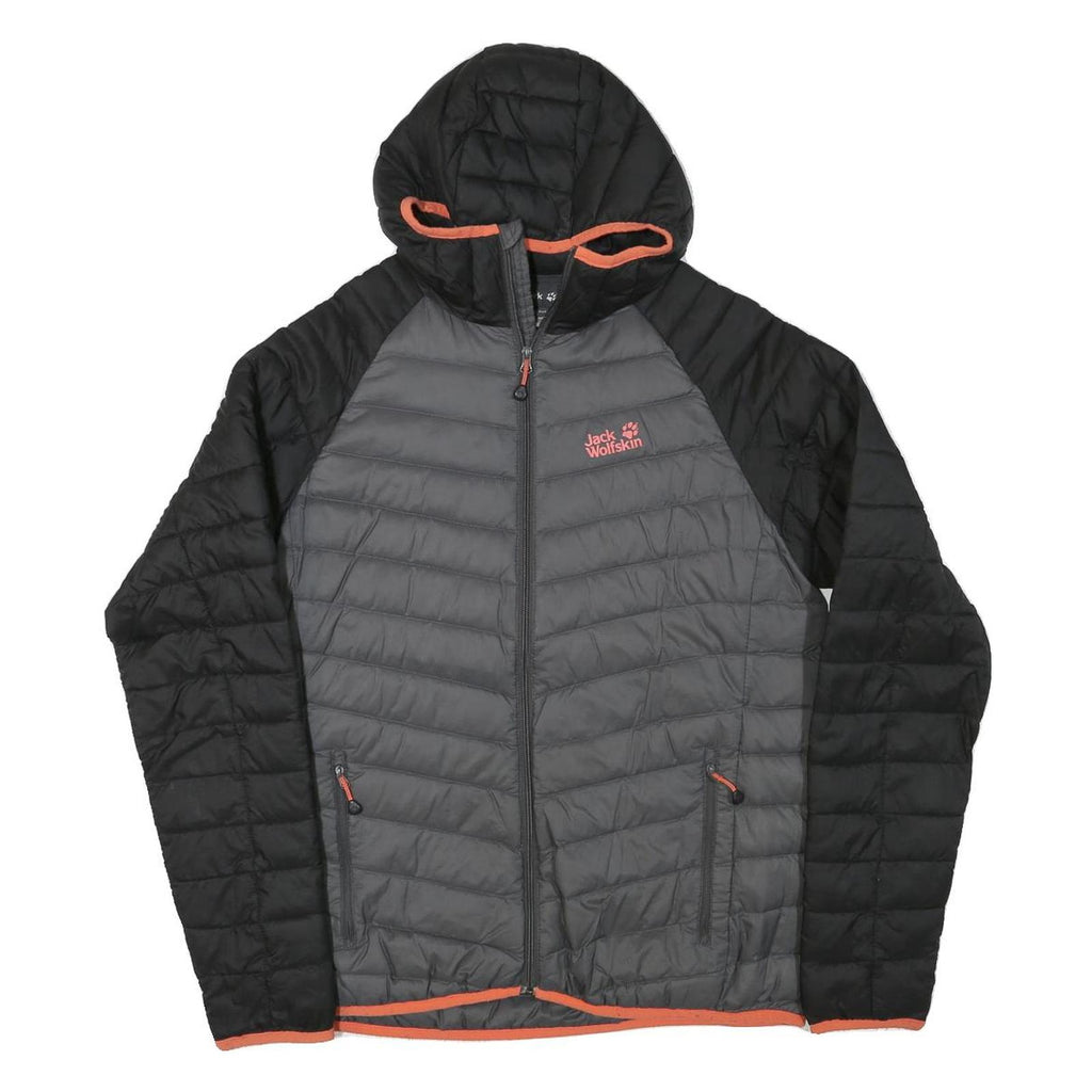 JACK WOLFSKIN Womens Black & Grey Hooded Puffer Jacket L Polyester Blend Zip