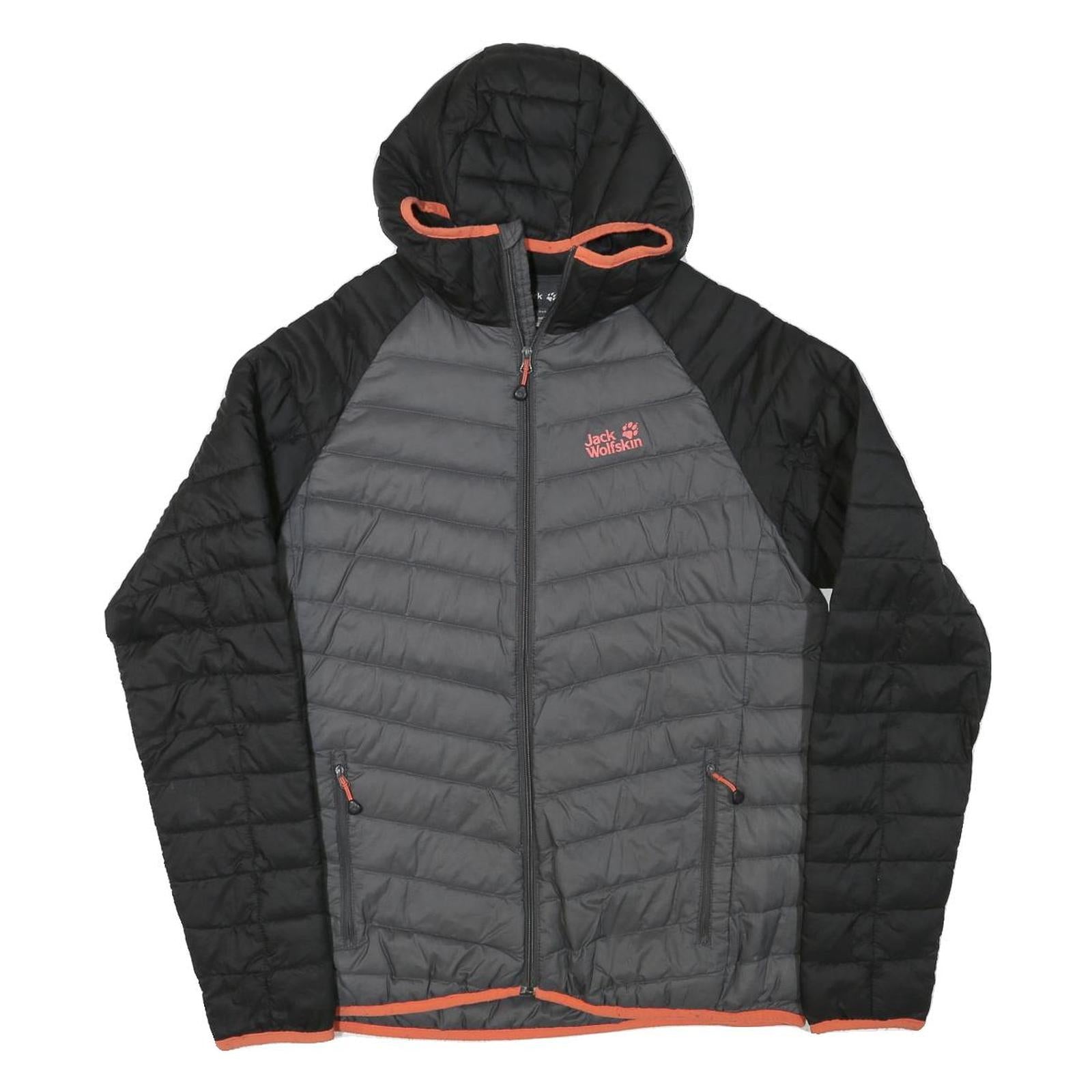 JACK WOLFSKIN Womens Black & Grey Hooded Puffer Jacket L Polyester Blend Zip