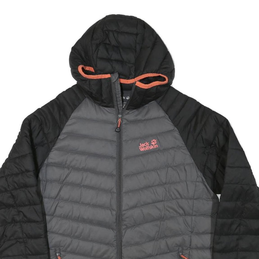 JACK WOLFSKIN Womens Black & Grey Hooded Puffer Jacket L Polyester Blend Zip