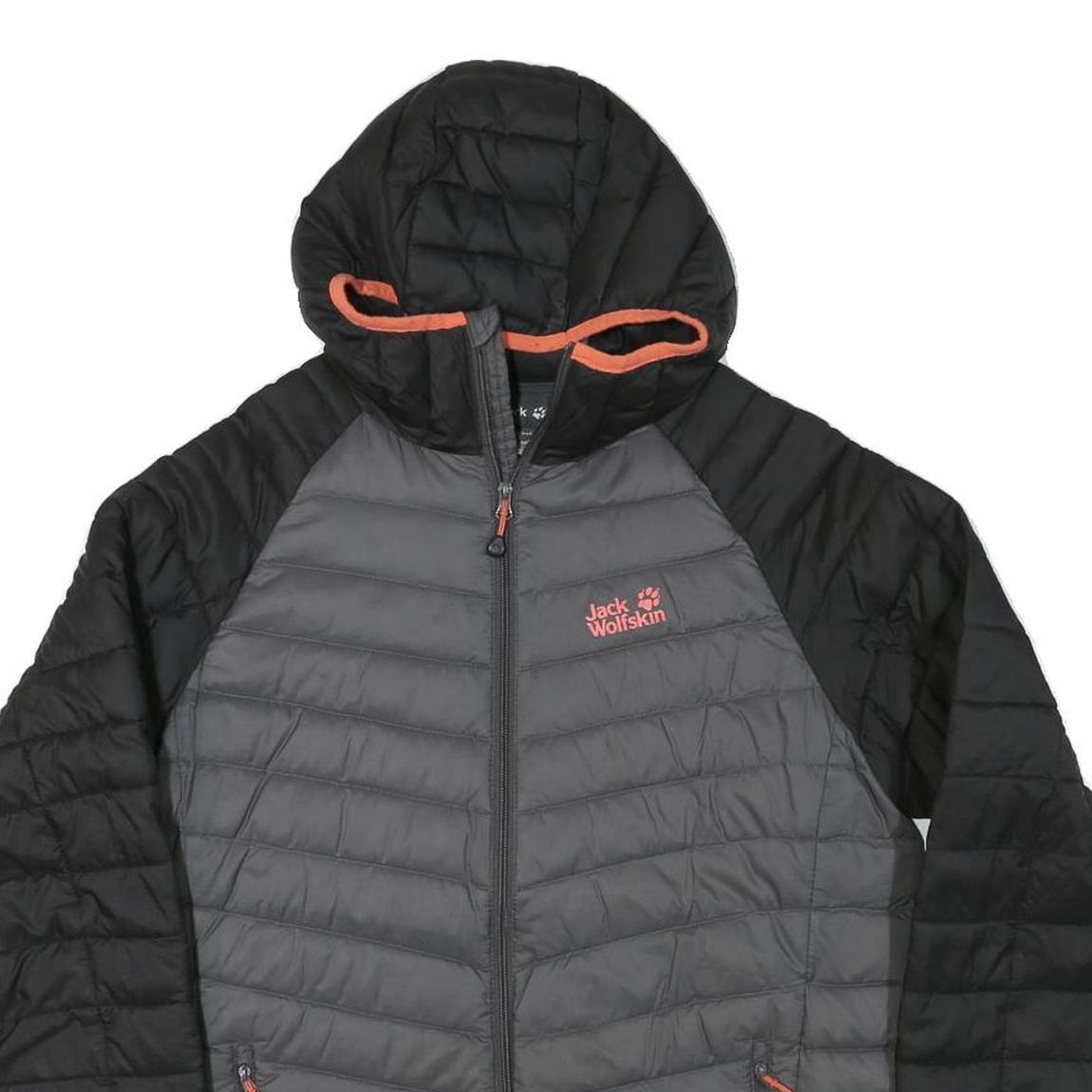 JACK WOLFSKIN Womens Black & Grey Hooded Puffer Jacket L Polyester Blend Zip