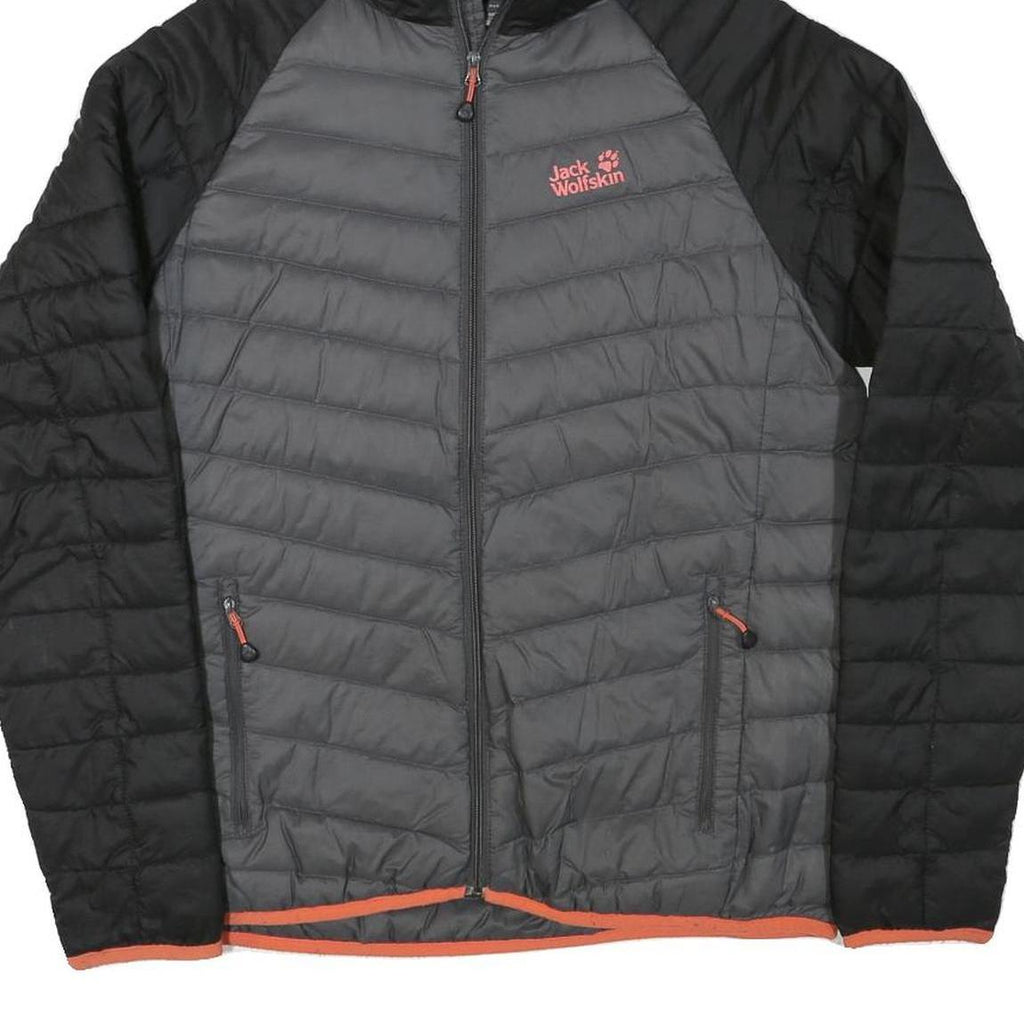 JACK WOLFSKIN Womens Black & Grey Hooded Puffer Jacket L Polyester Blend Zip