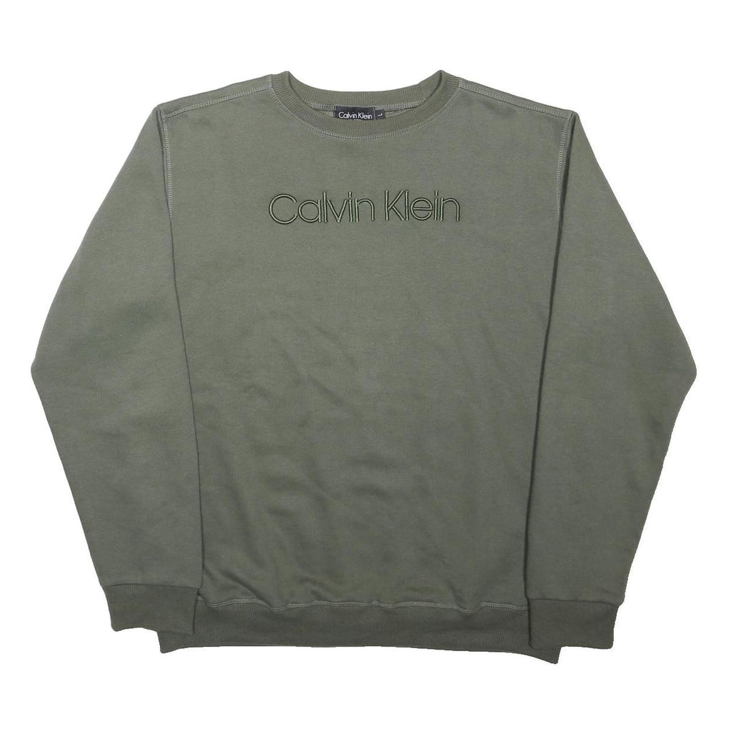 CALVIN KLEIN Mens Green Sweatshirt Crew Neck L Logo Embroidered Cotton Blend