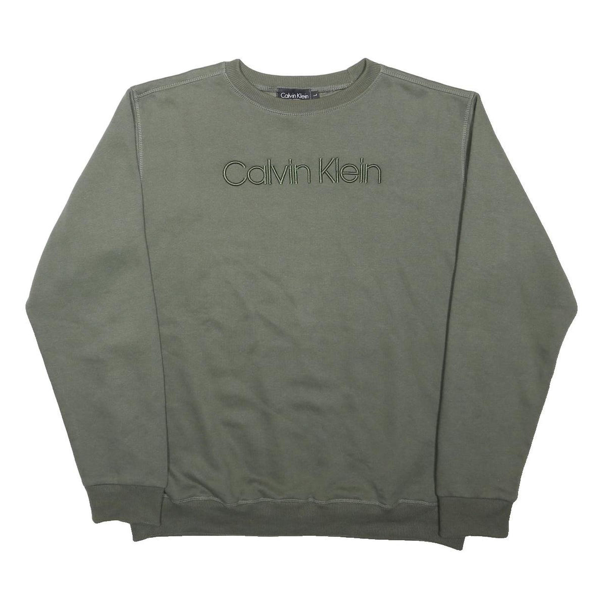 CALVIN KLEIN Mens Green Sweatshirt Crew Neck L Logo Embroidered Cotton Blend