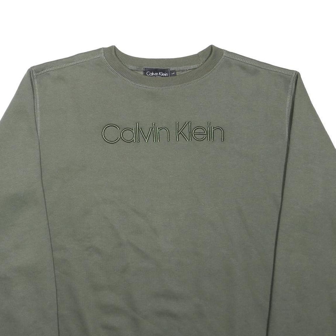 CALVIN KLEIN Mens Green Sweatshirt Crew Neck L Logo Embroidered Cotton Blend