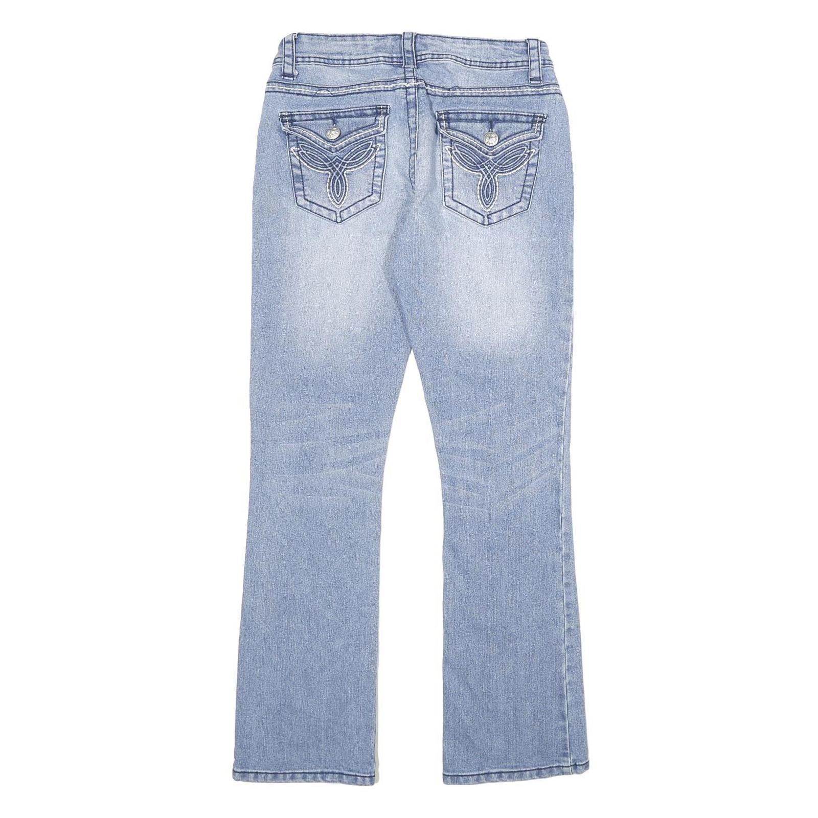 MASSINI Womens Jeans Blue Regular Bootcut Denim Light W28 L32 Stylish Embroidery