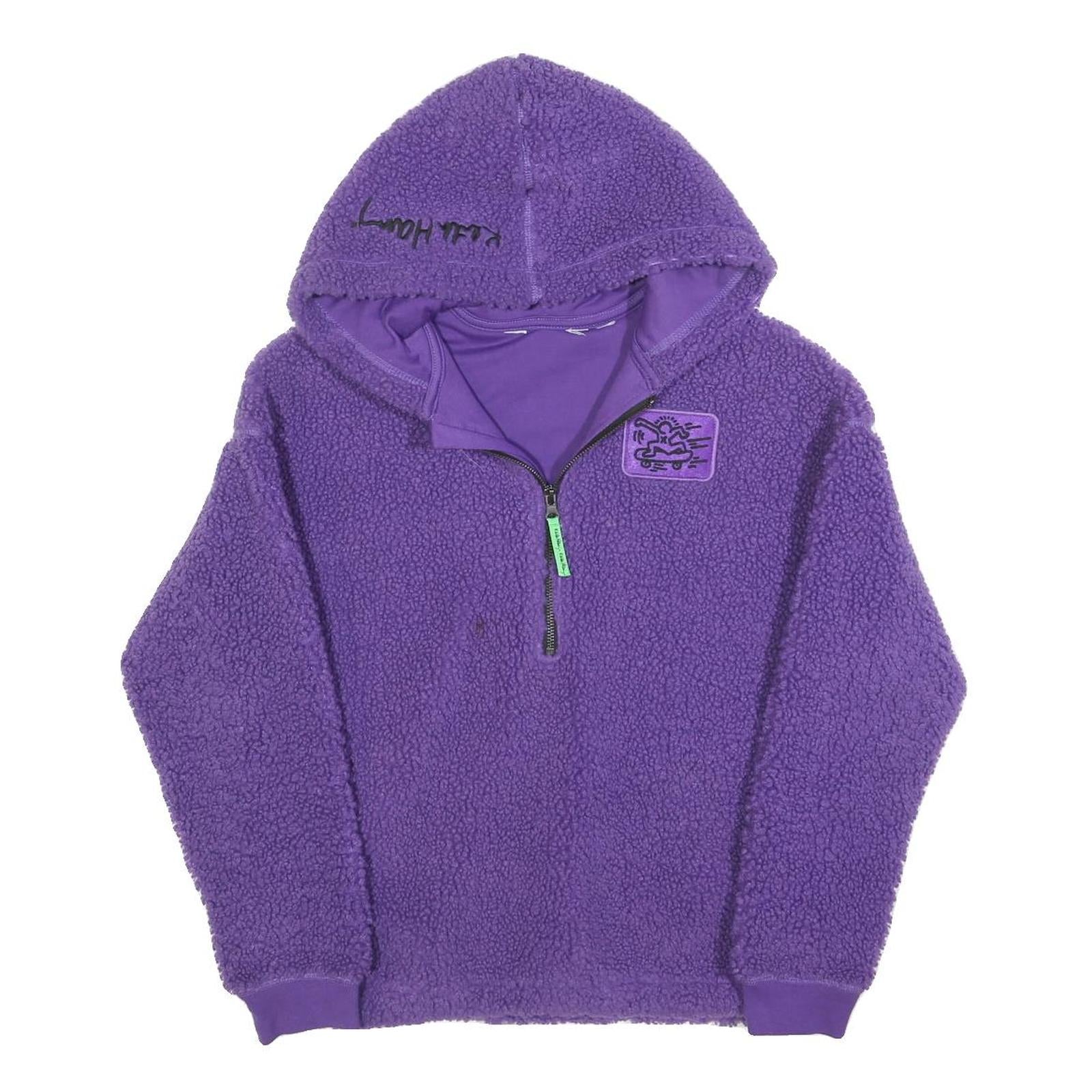 KEITH HARING Womens Purple ¼ Zip Hooded Fleece Hoodie S Artistic Graphic