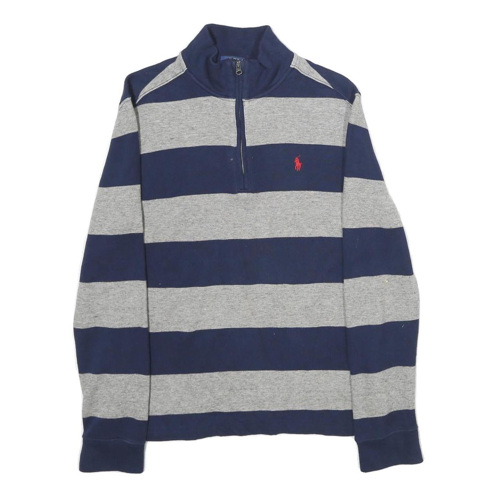 POLO RALPH LAUREN Mens Navy & Grey Striped Pattern Zip Neck Jumper Cable Knit S