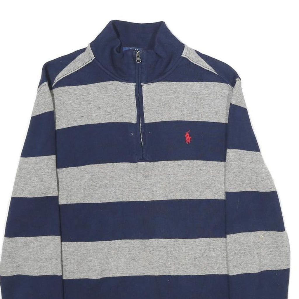 POLO RALPH LAUREN Mens Navy & Grey Striped Pattern Zip Neck Jumper Cable Knit S