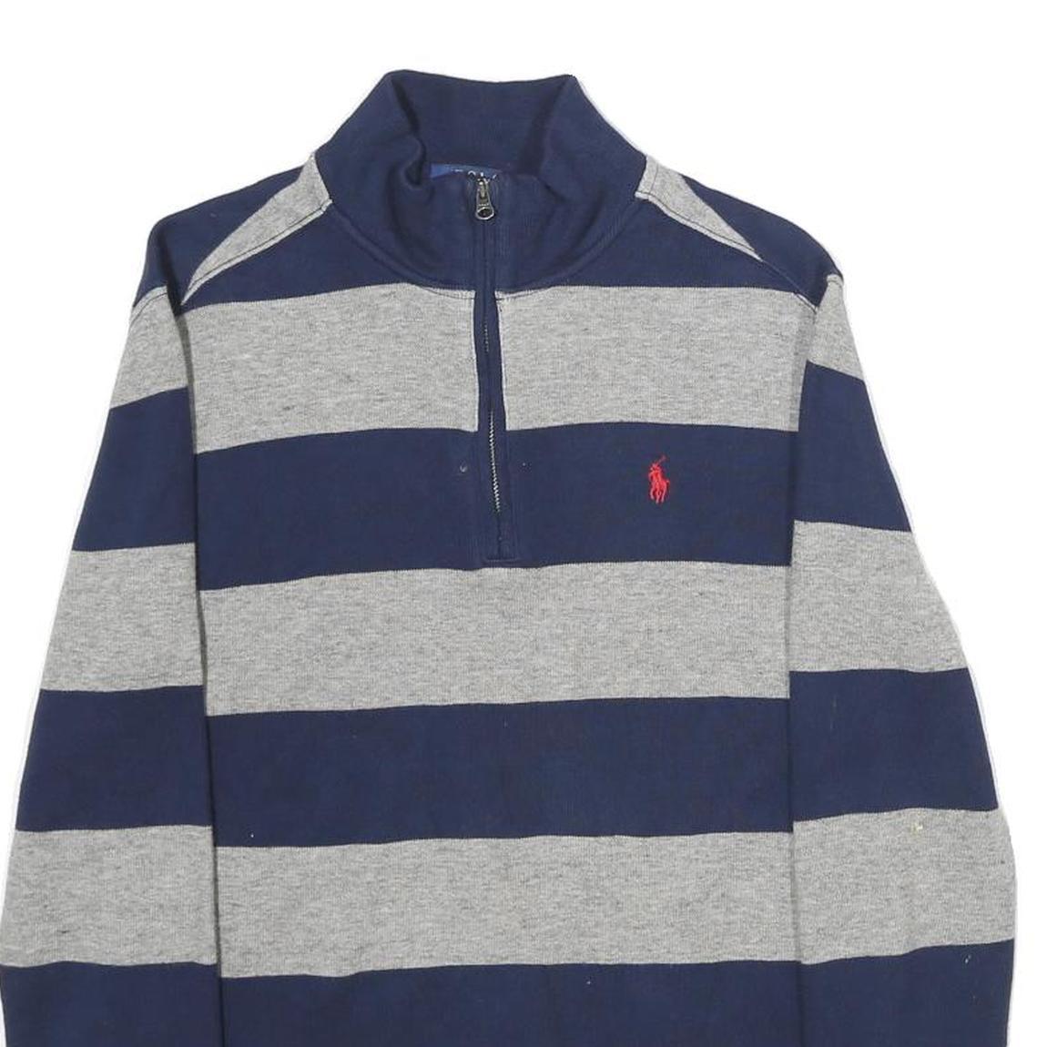 POLO RALPH LAUREN Mens Navy & Grey Striped Pattern Zip Neck Jumper Cable Knit S