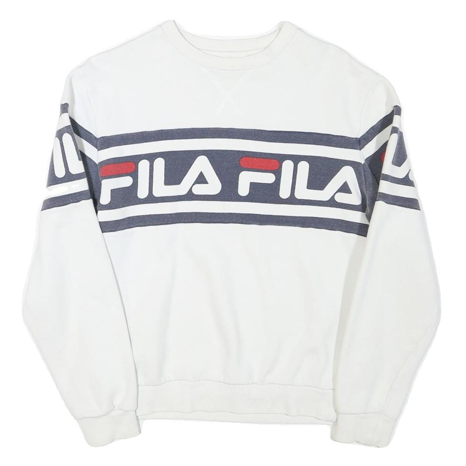 FILA Mens White & Navy Blue Crew Neck S Logo Sweatshirt Cotton Blend