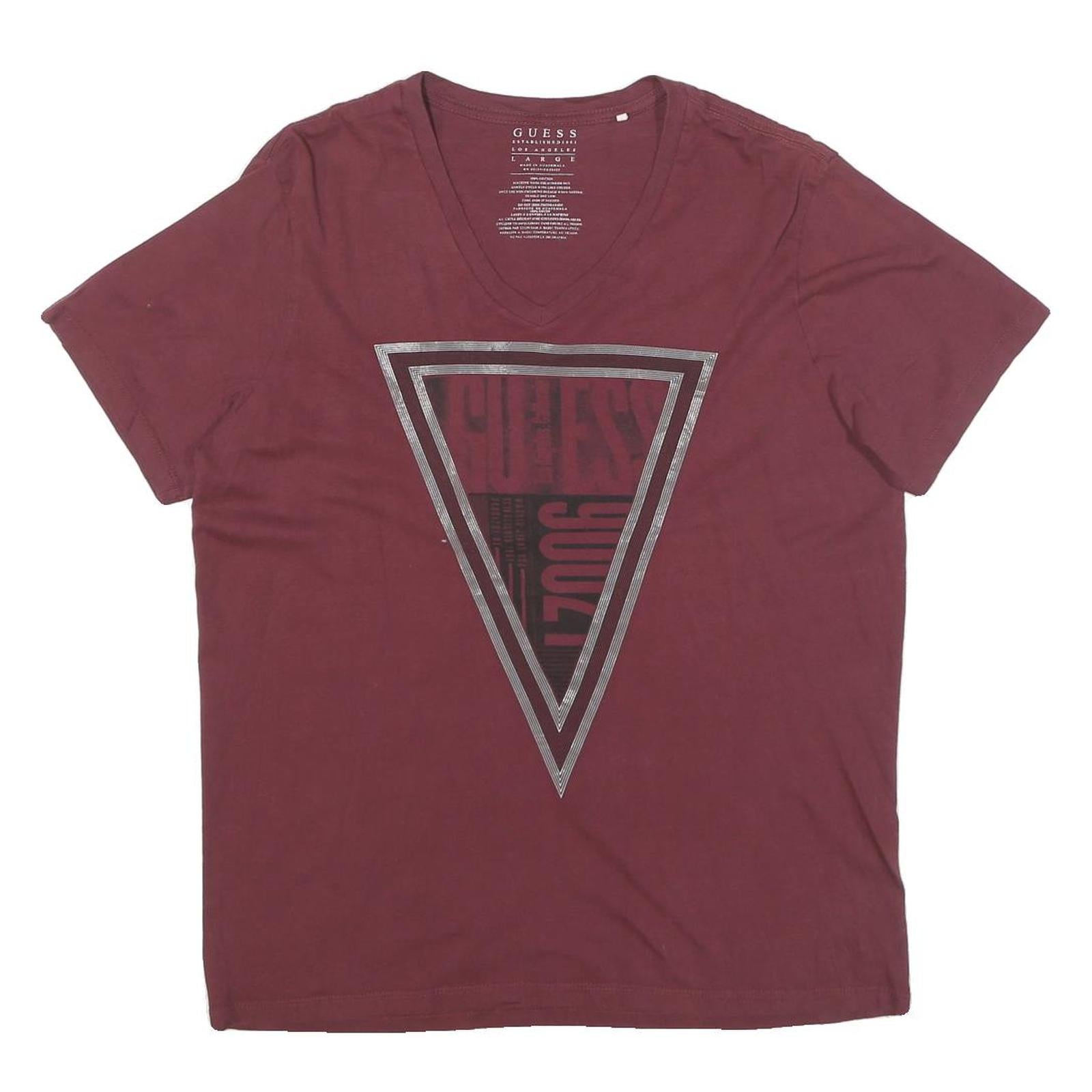 GUESS Mens Maroon Graphic T-Shirt L Short Sleeve V-Neck Cotton Blend Casual