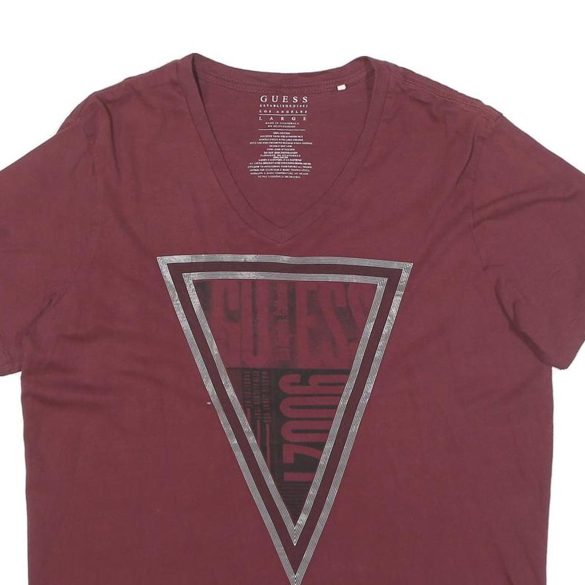GUESS Mens Maroon Graphic T-Shirt L Short Sleeve V-Neck Cotton Blend Casual