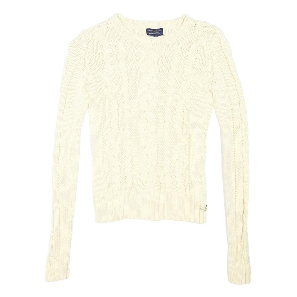 AMERICAN EAGLE Womens Cream Patterned Cable Knit Crew Neck Jumper XS Cotton