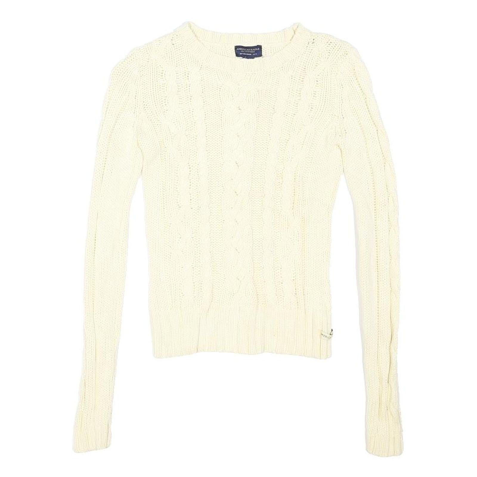AMERICAN EAGLE Womens Cream Patterned Cable Knit Crew Neck Jumper XS Cotton