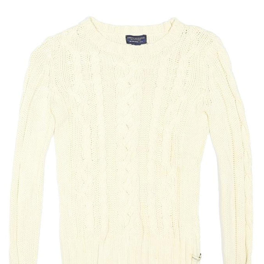 AMERICAN EAGLE Womens Cream Patterned Cable Knit Crew Neck Jumper XS Cotton