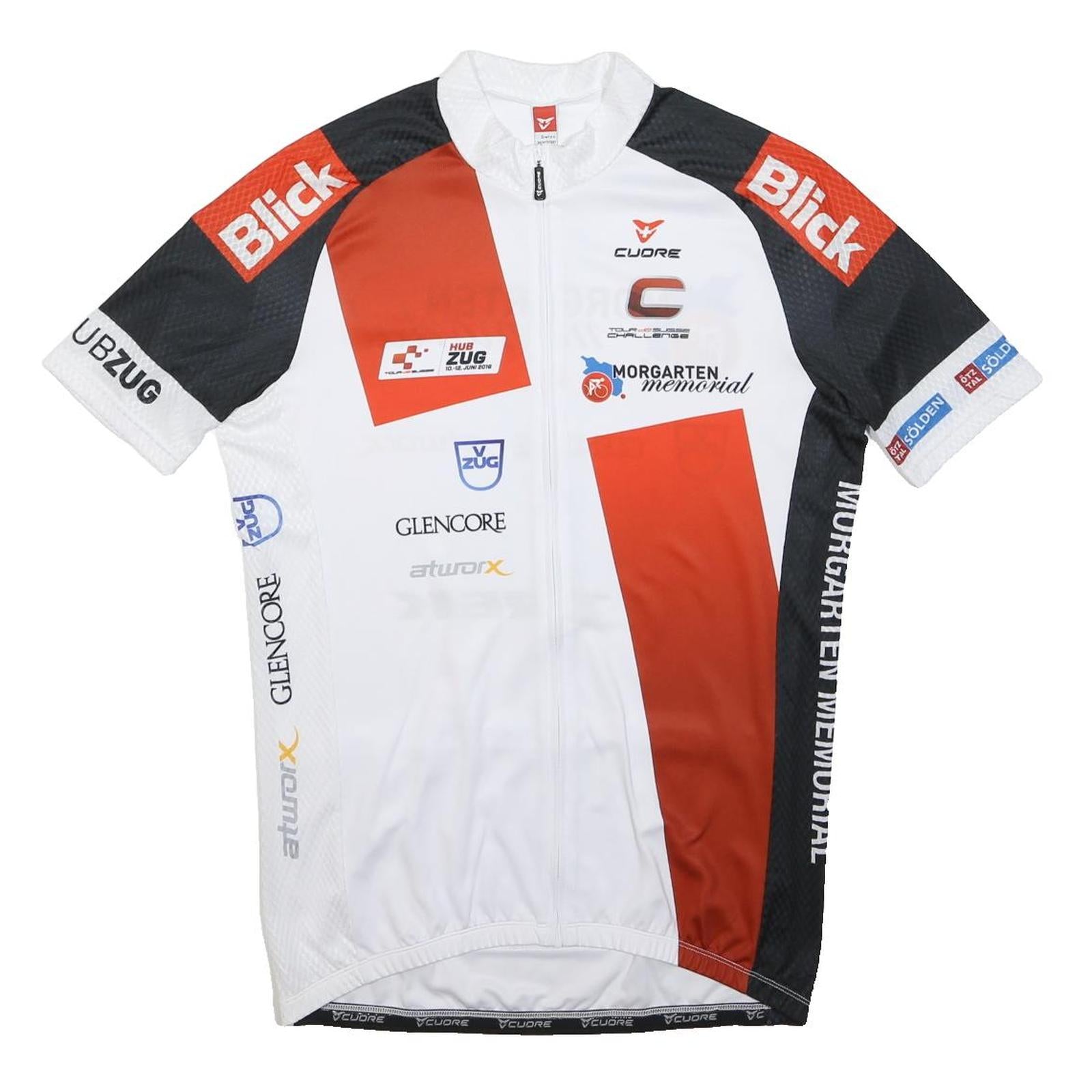 CUORE Mens White & Black & Red Graphic T-Shirt L Short Sleeve Zip Neck Cycling