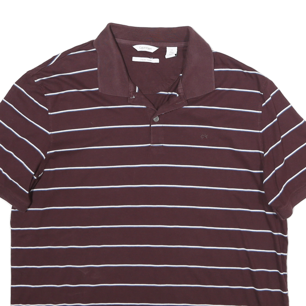 CALVIN KLEIN Mens Maroon & White Striped Short Sleeve Polo Shirt L Cotton Casual