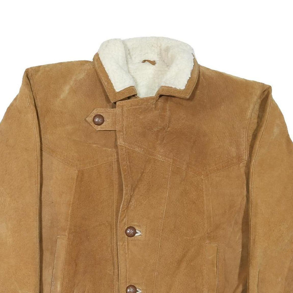 Mens Beige Leather Button Closure Jacket L Suede Plain Casual Outerwear