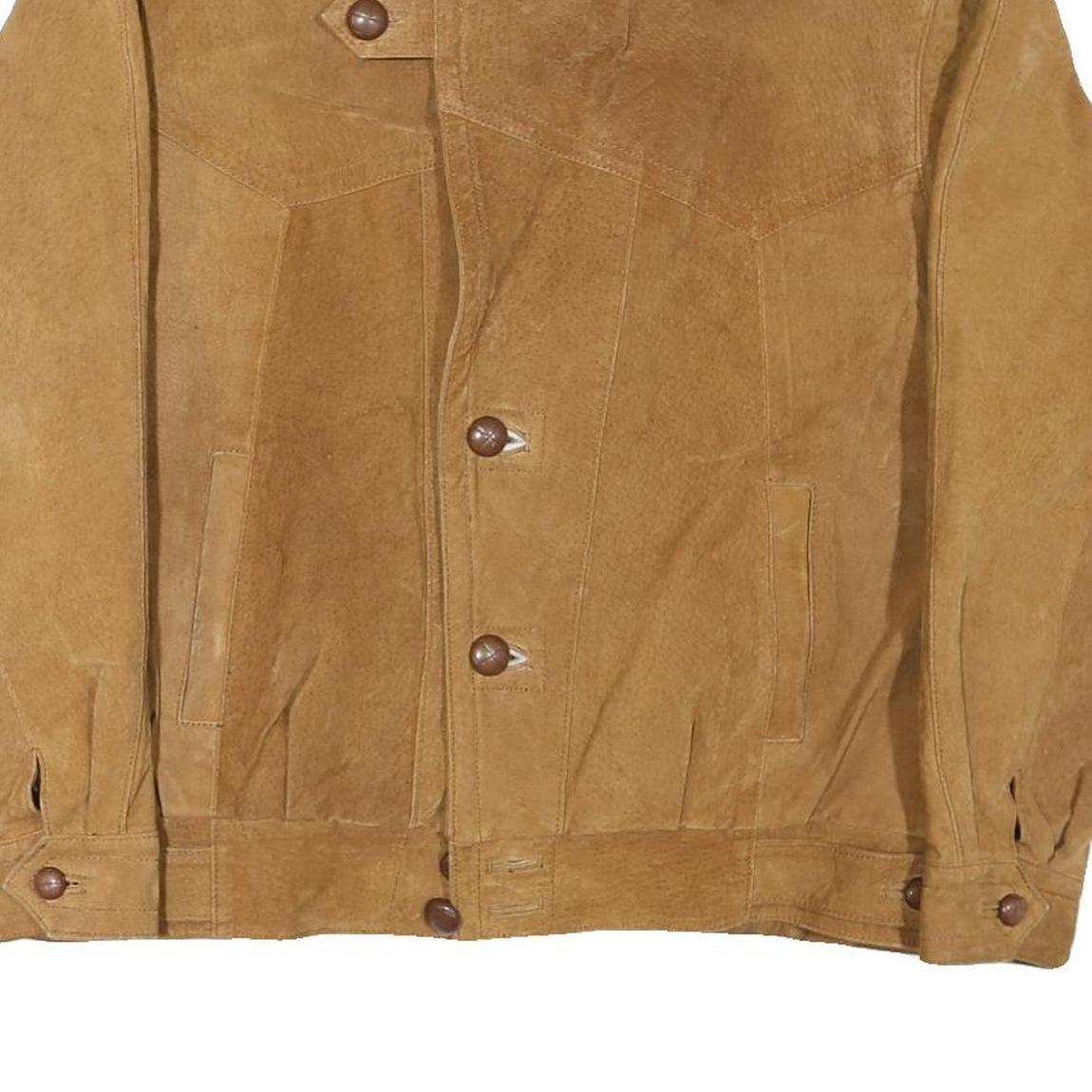 Mens Beige Leather Button Closure Jacket L Suede Plain Casual Outerwear