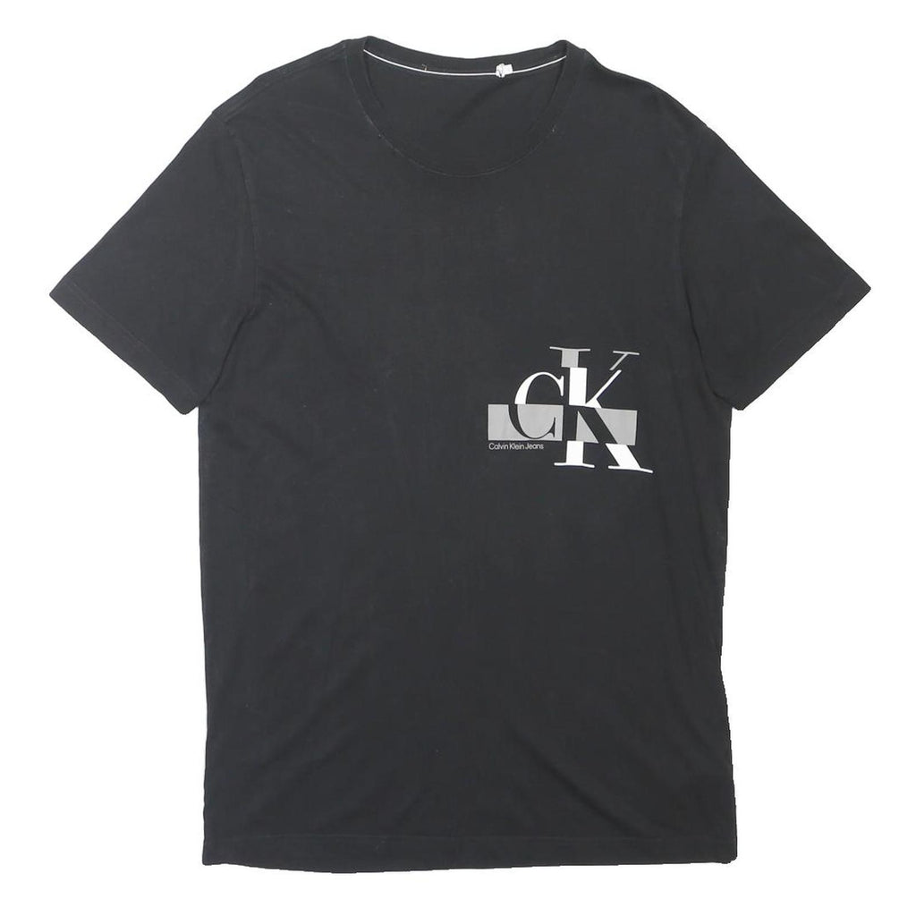 CK JEANS Mens Black Cotton Blend Crew Neck Short Sleeve Top L Logo Print