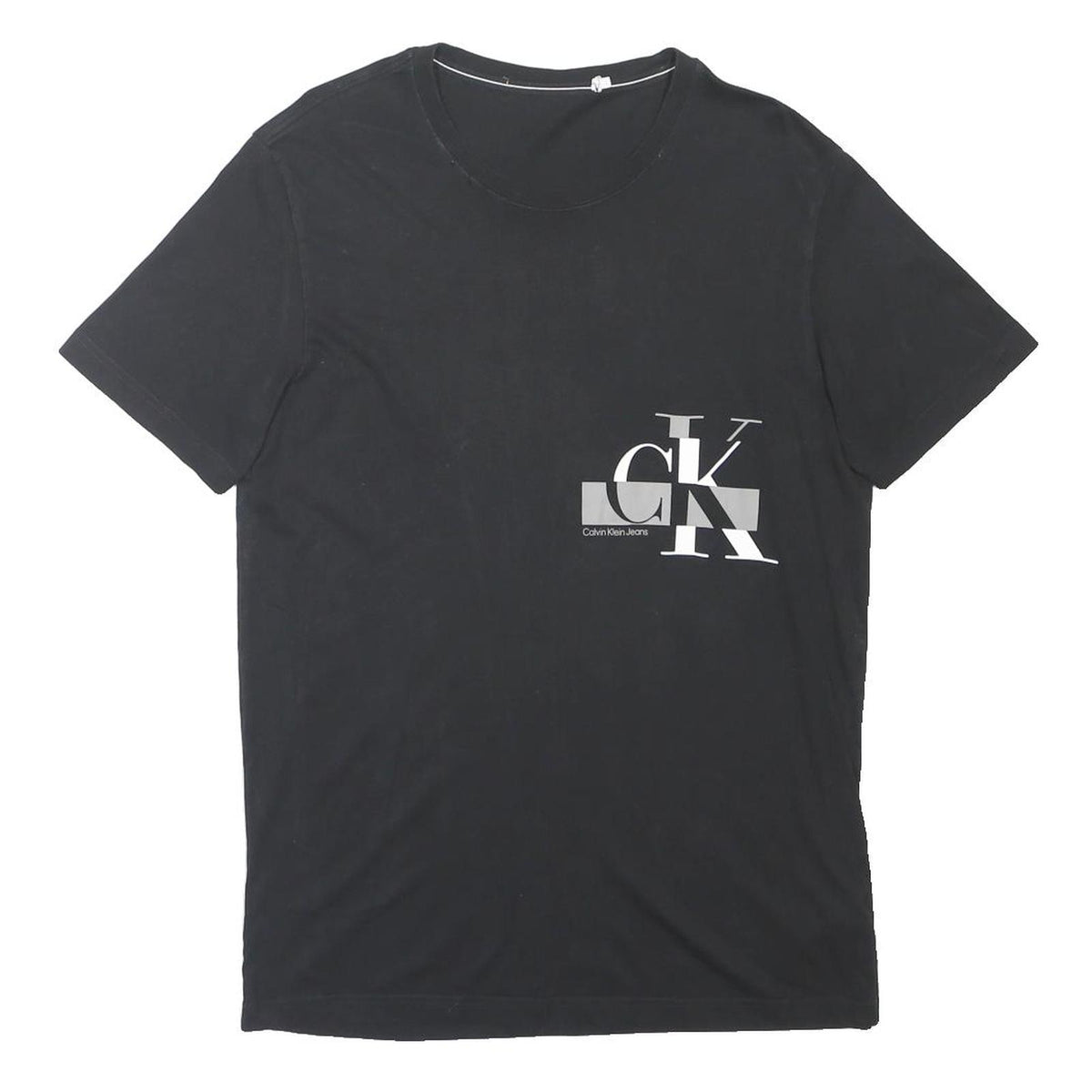 CK JEANS Mens Black Cotton Blend Crew Neck Short Sleeve Top L Logo Print